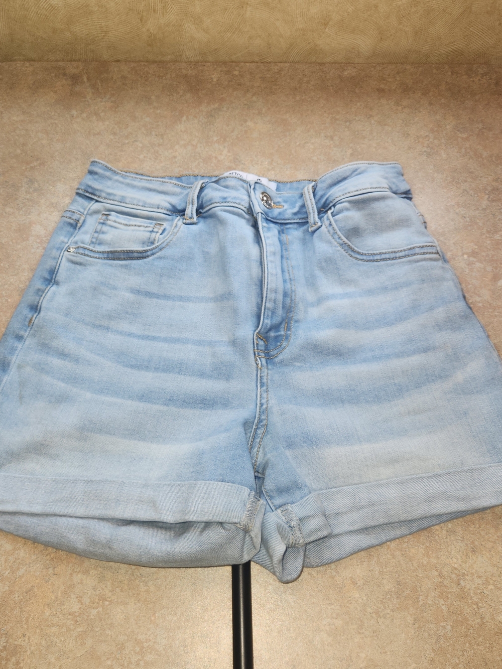 High-Rise Light Blue Denim Shorts with Rolled Hem